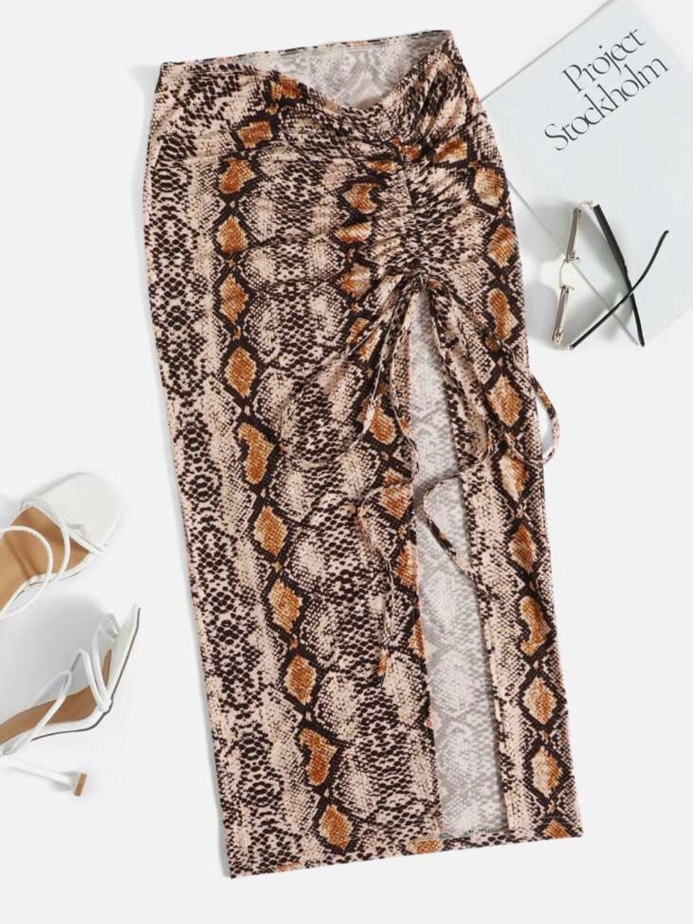 SHEIN Snakeskin Print Drawstring Split Thigh Skirt
